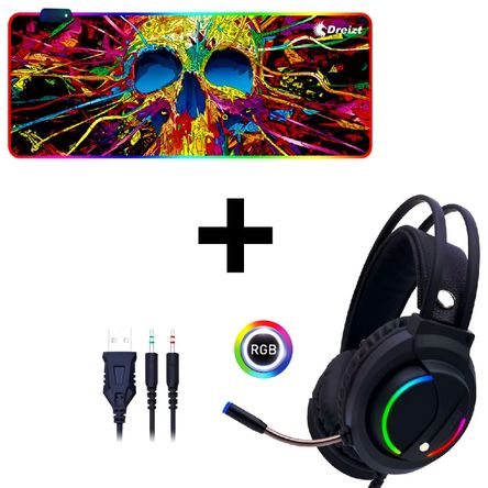 Combo Audífonos Gamer D5000 PRO Luces RGB + Mousepad Gamer RGB Calavera XL 80cm x 30cm