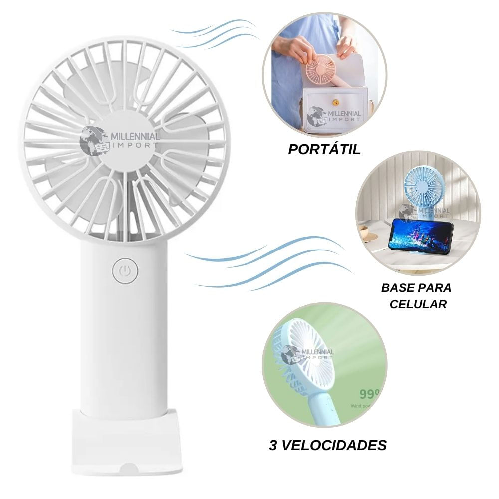 Ventilador Portátil de 3 Velocidades con Base para Celular Blanco