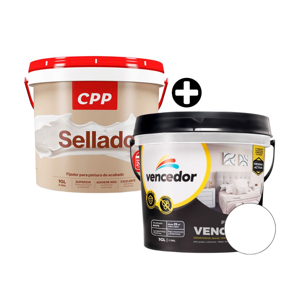 COMBO 2 Pinturas Vencelatex Mate Nuevo Blanco 1 galón Vencedor + Sellador CPP 1 galón