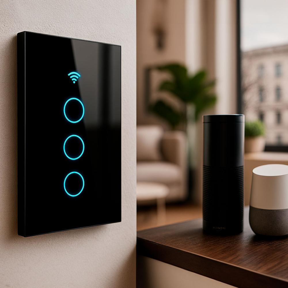 Interruptor de Pared WiFi 3 Tomas - Sin Neutro - Incluye Capacitor - Alexa y Google