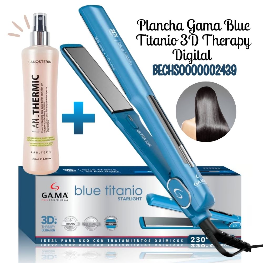 Combo Plancha Alisadora Gama Blue Titanio DIG + spray