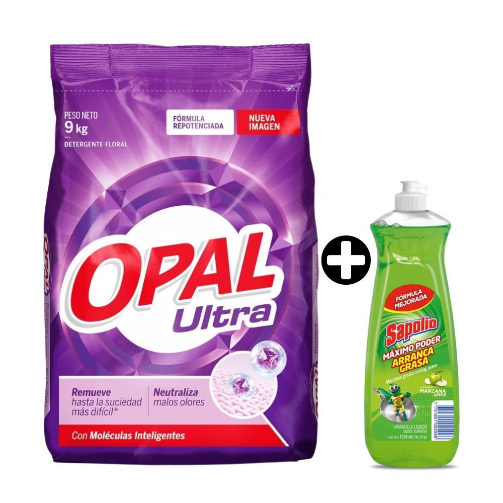 COMBO Detergente en Polvo Opal Ultra 9kg + Lavavajilla líquida Sapolio Manzana 1.25 litros