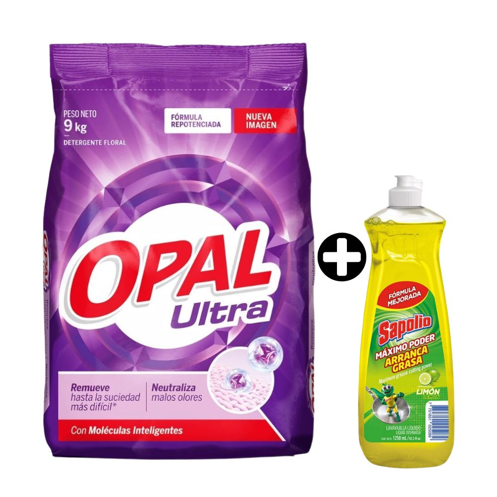 COMBO Detergente en Polvo Opal Ultra 9kg + Lavavajilla líquida Sapolio Limón 1.25 litros