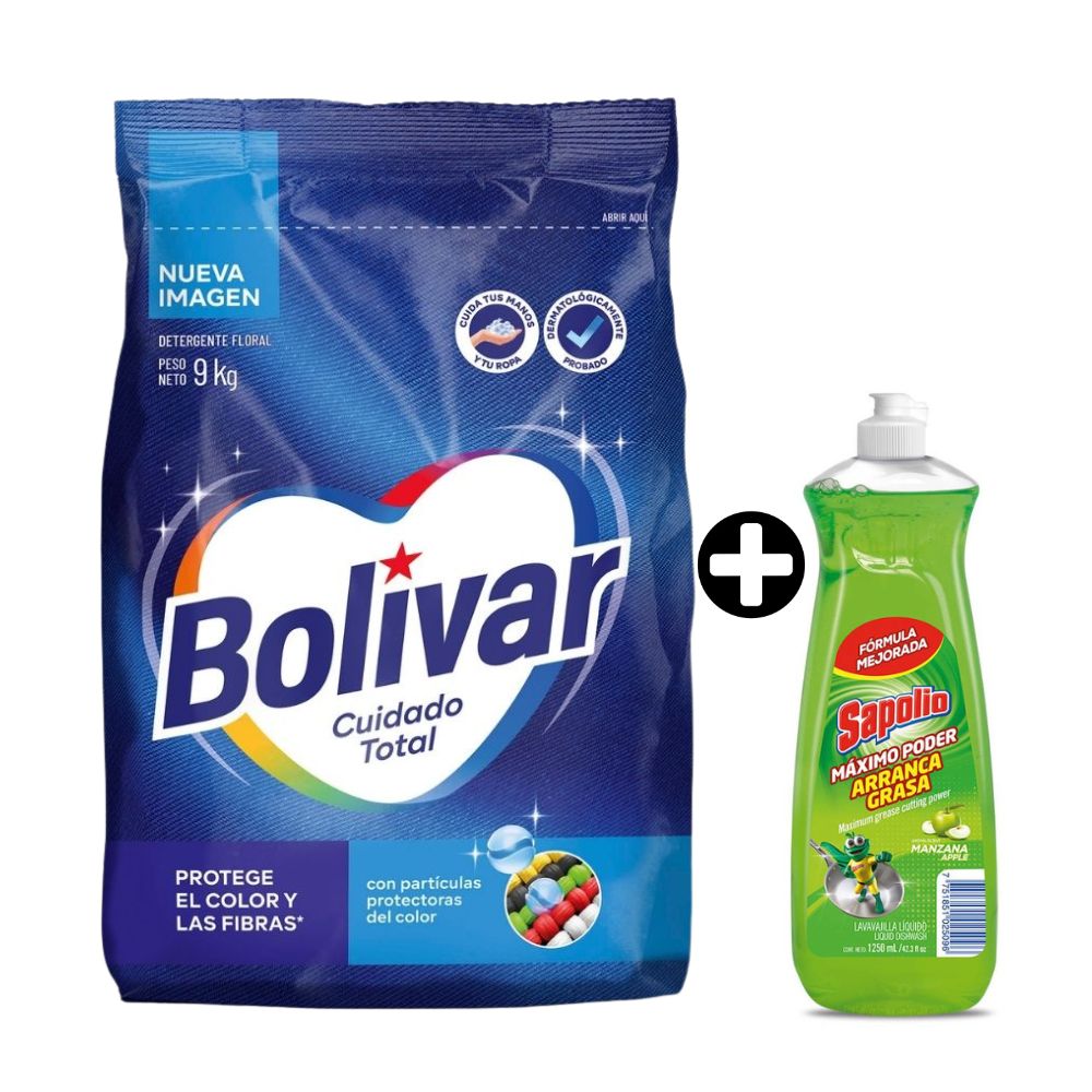 COMBO Detergente en Polvo Bolivar Cuidado Total 9kg + Lavavajilla líquida Sapolio Manzana 1.25 litros