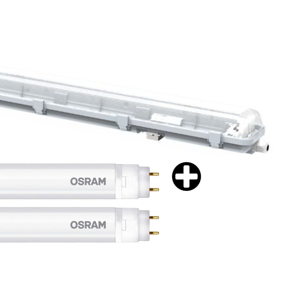 COMBO Ledvance: Luminaria hermética Damp Proof Doble + 2 Tubos Led T8 G13 16W Luz Fría