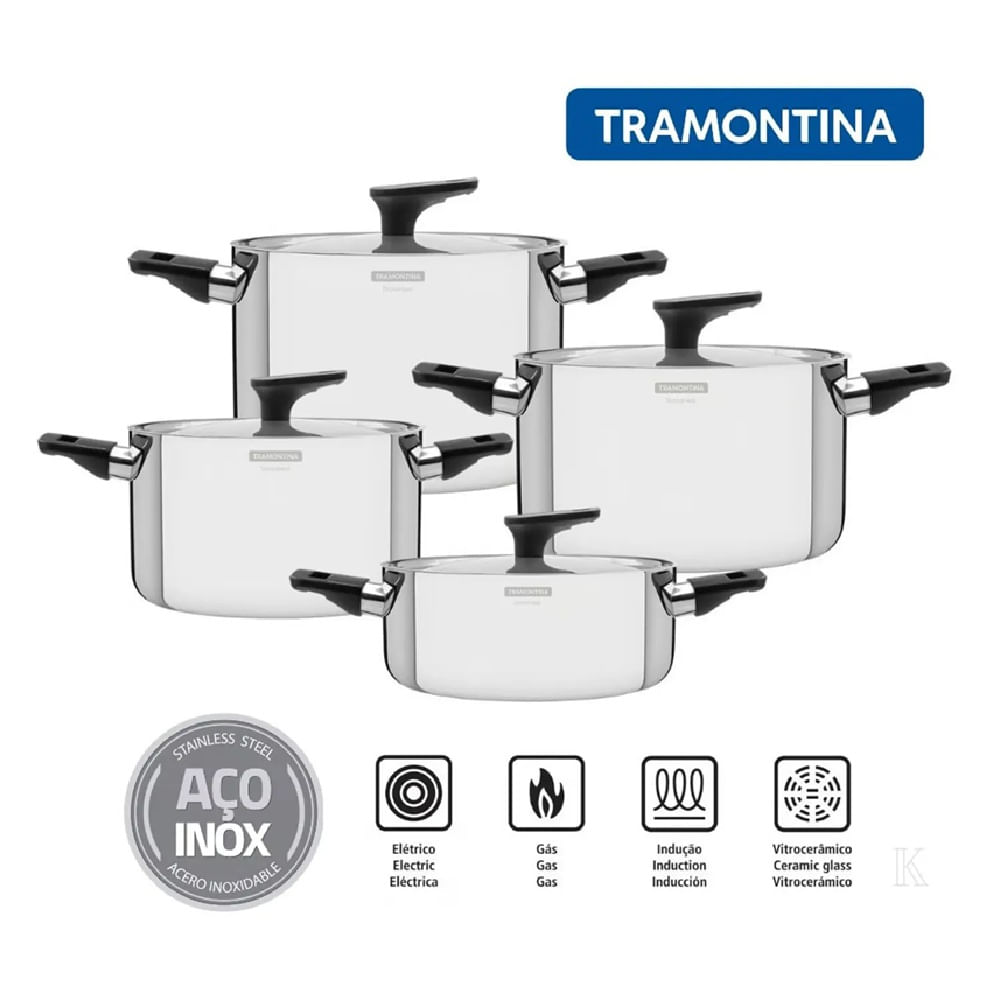 Juego De Ollas TRAMONTINA de ACERO INOXIDABLE mod GRANO CON MANGO BAQUELITA 8 Pzas