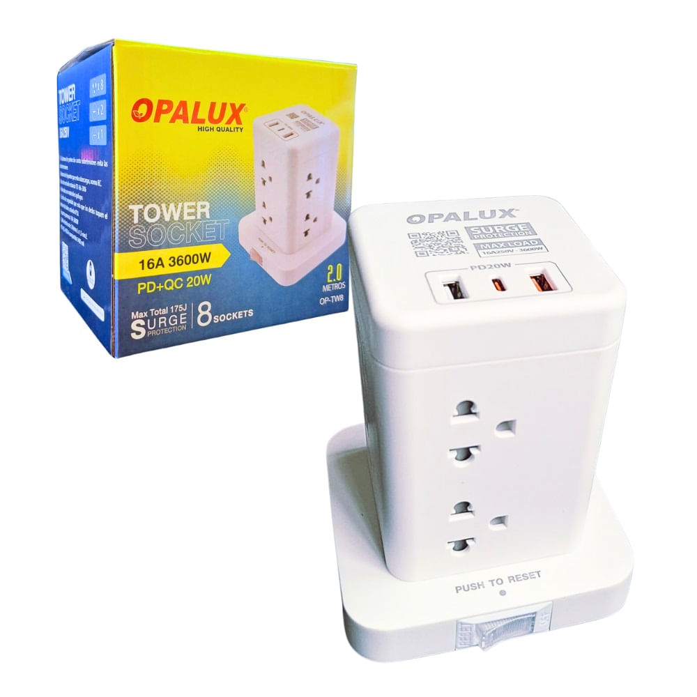 Adaptador tipo Torre de 8 tomas 2 Usb Tipo A + Tipo C Opalux OP-TW8
