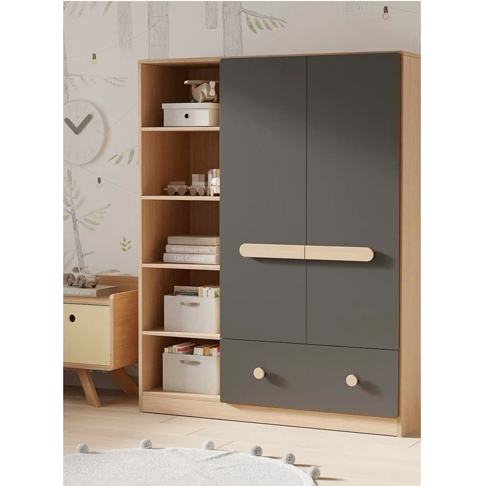 Armario Infantil Moderno con Estantes Jimmy Color Plomo/Panela TU MESITA