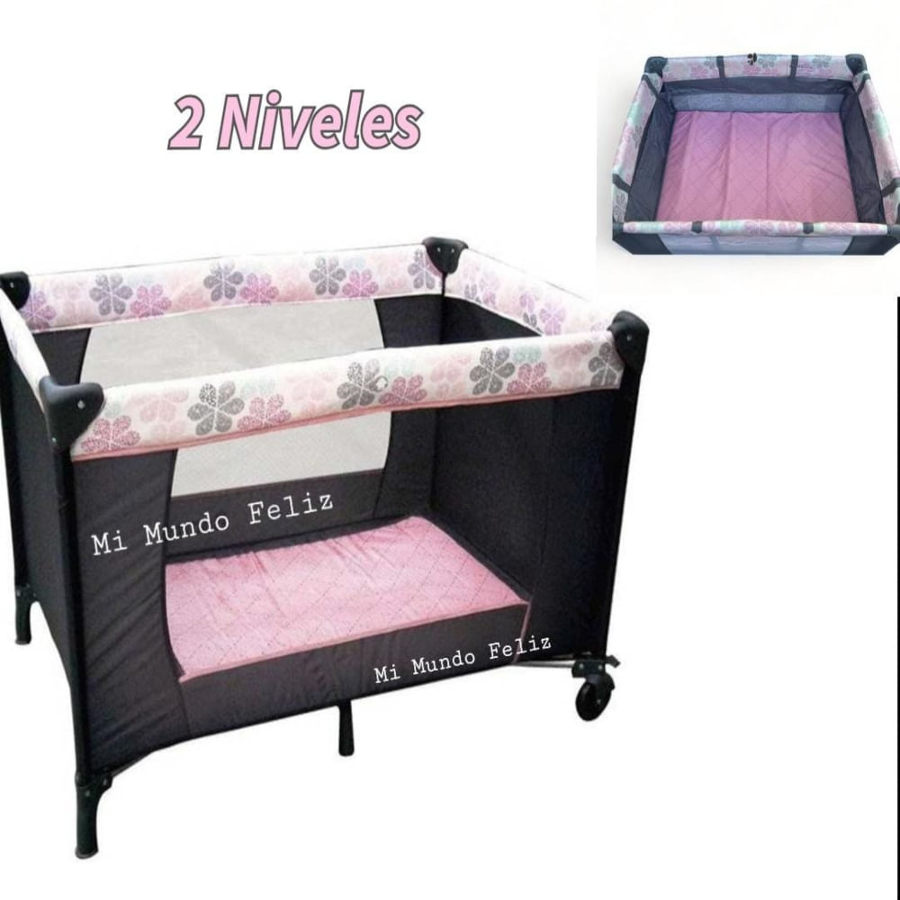Corral Para Bebe Dos Niveles Con Diseño Flores Rosa