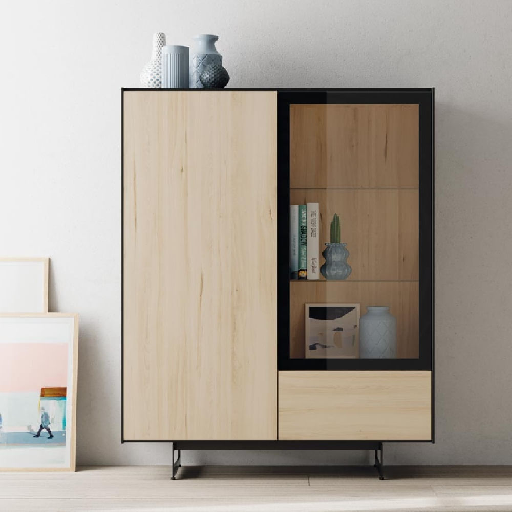 Vitrina Moderna Teka con 2 Puertas 1 Cajón Color Manzano/Negro TU MESITA