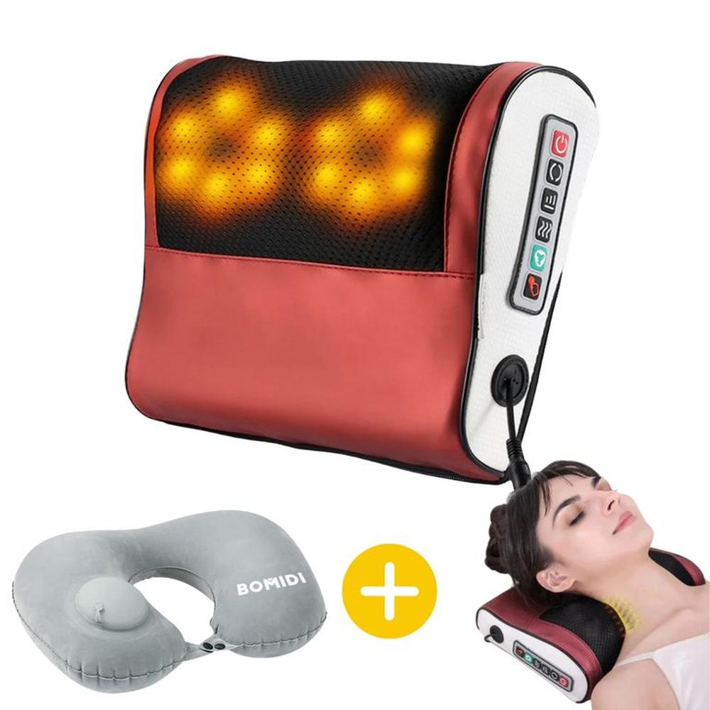 Almohada Eléctrica Masajeadora Rojo + Almohada de Cuello Inflable