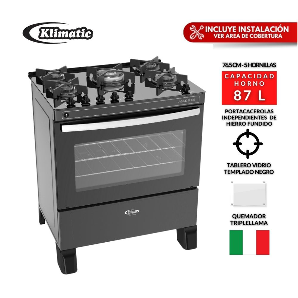 Cocina de Pie Klimatic Agile 5NE Negro con Quemador Triple Llama