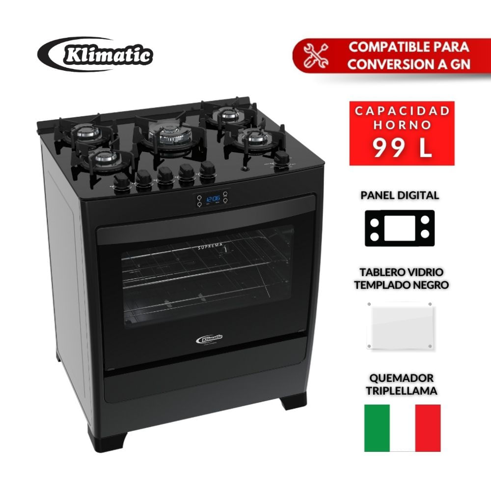Cocina de Pie Klimatic Suprema 5K a Gas con 5 Quemadores y Luz en Horno