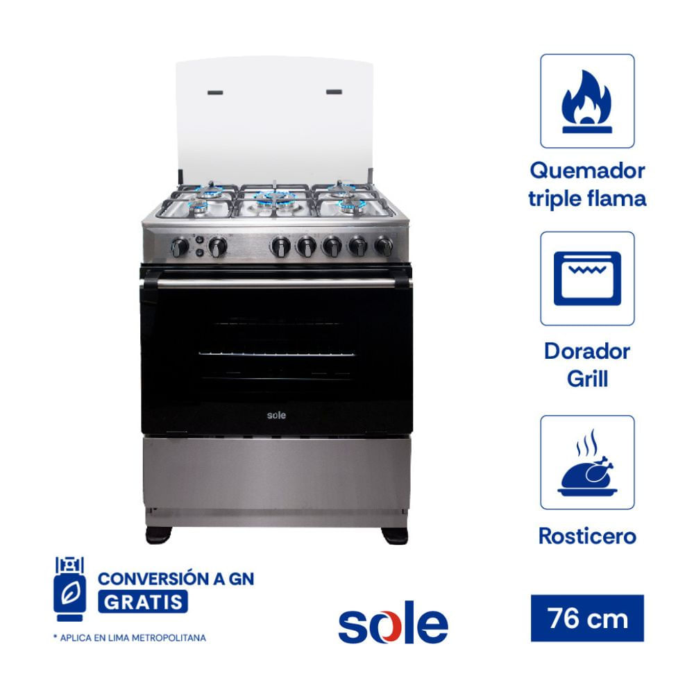 Cocina de Pie Sole Dubai 5 Hornillas 76cm Acero Inoxidable Gas