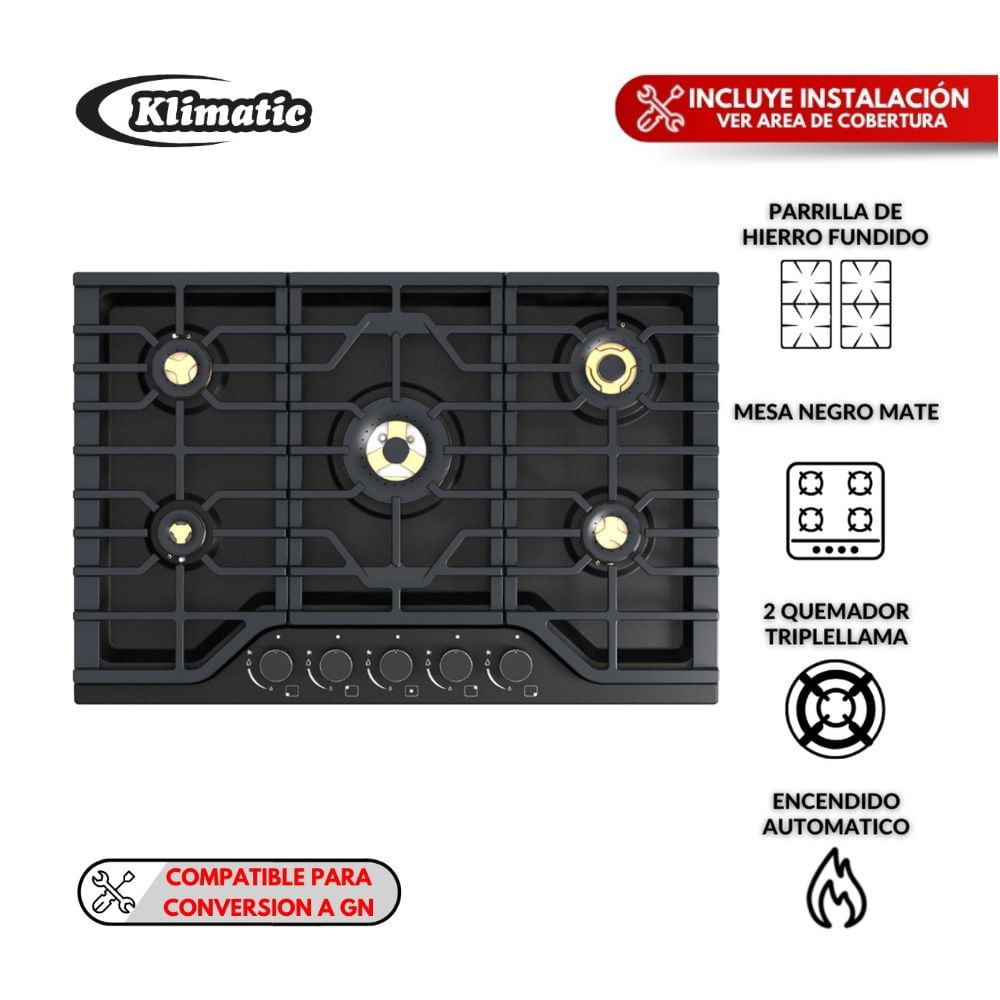 Cocina Empotrable Acero Klimatic Massima 90cm Negro