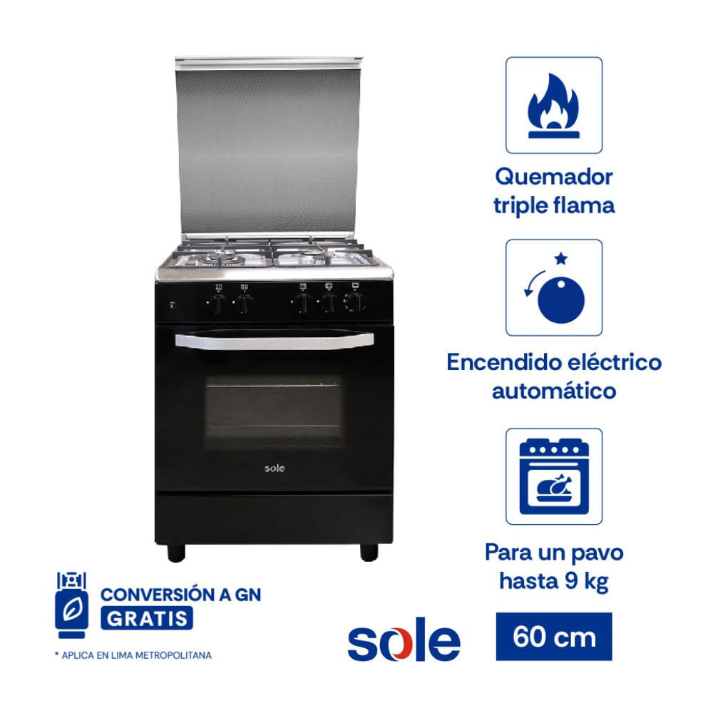 Cocina de Pie a Gas Sole Cartagena 4 hornillas Acero Inoxidable 60cm Negro