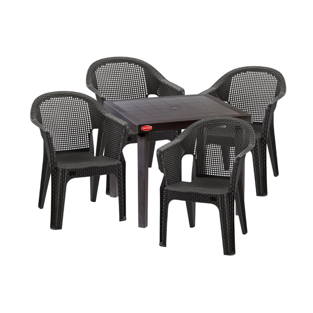 COMBO Mesa de Terraza Jamaica Mix Mimbre Ratan 85x85cm + 4 Sillones de Exterior Mimbre Negro Polinplast