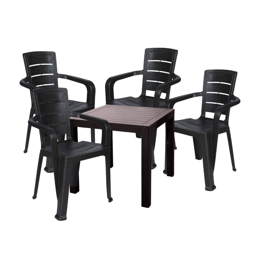 COMBO Mesa de Terraza Roble Tipo Madera 80x80cm + 6 Sillas de Plástico Teca con Brazos Tipo Madera Reyplast