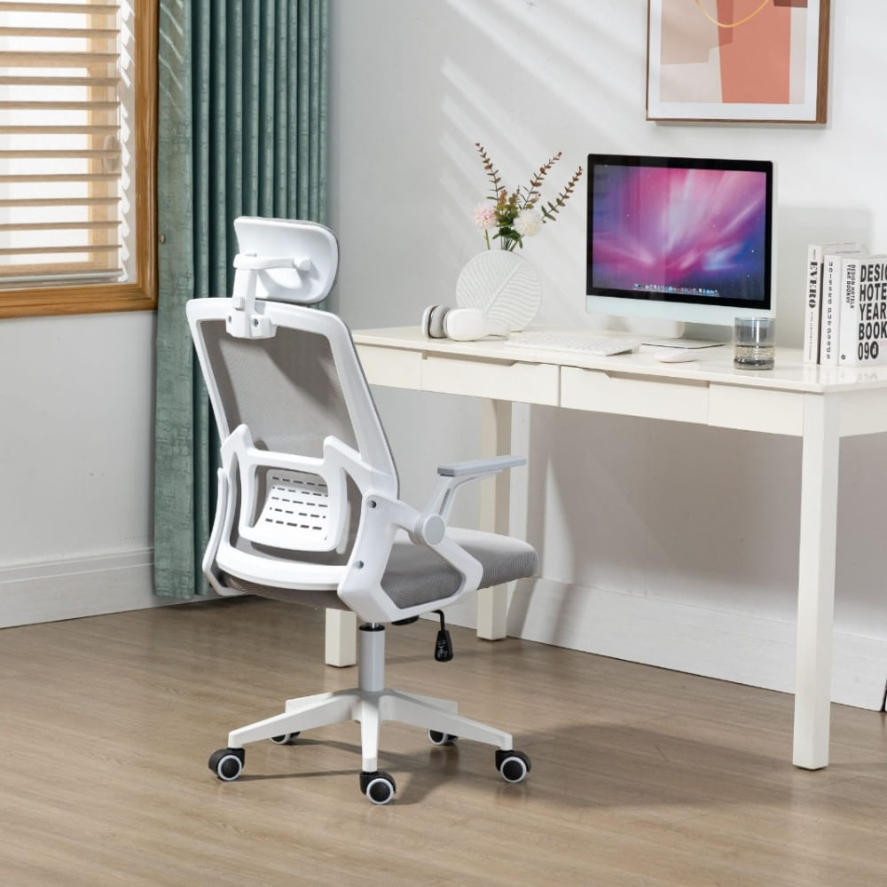 Silla Ergonómica de Oficina con Cabecera y Respaldo Regulables Blanco + Gris