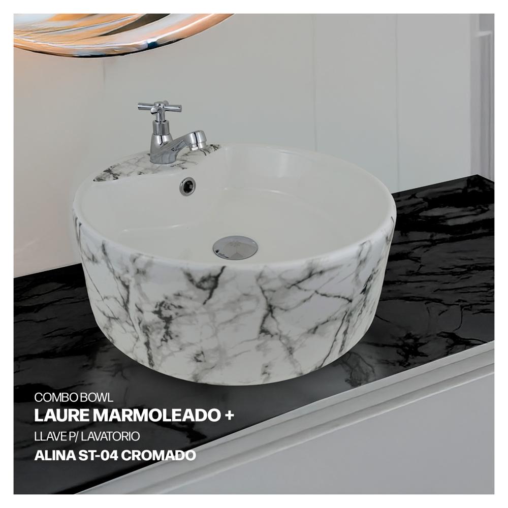 Combo Bowl Laure Marmo +Llave P/Lavatorio Alina ST-04 +  Desagüe Pop Up C/Trampa Corrugada Stone