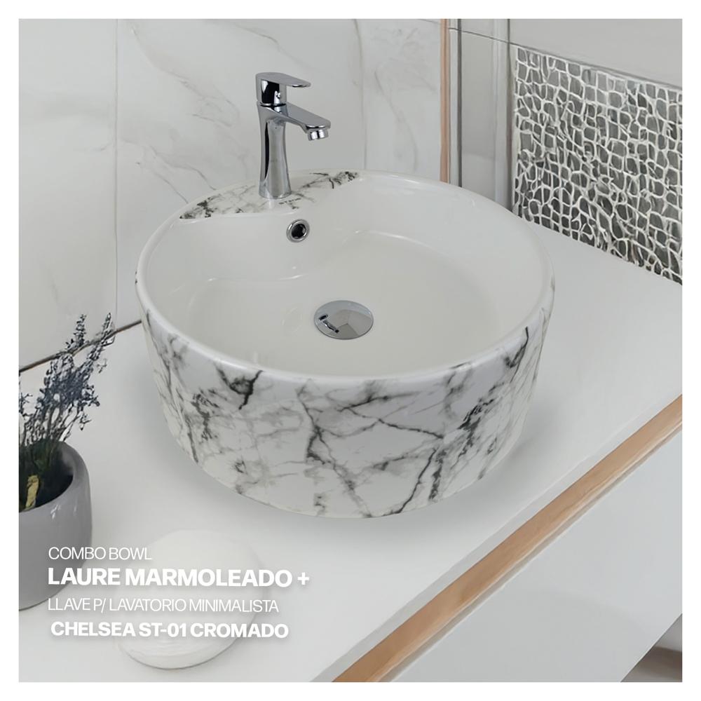 Combo Bowl Laure Marmo + Llave P/Lavatorio ChelseaST-01 + Desagüe Pop Up C/Trampa Corrugada Stone