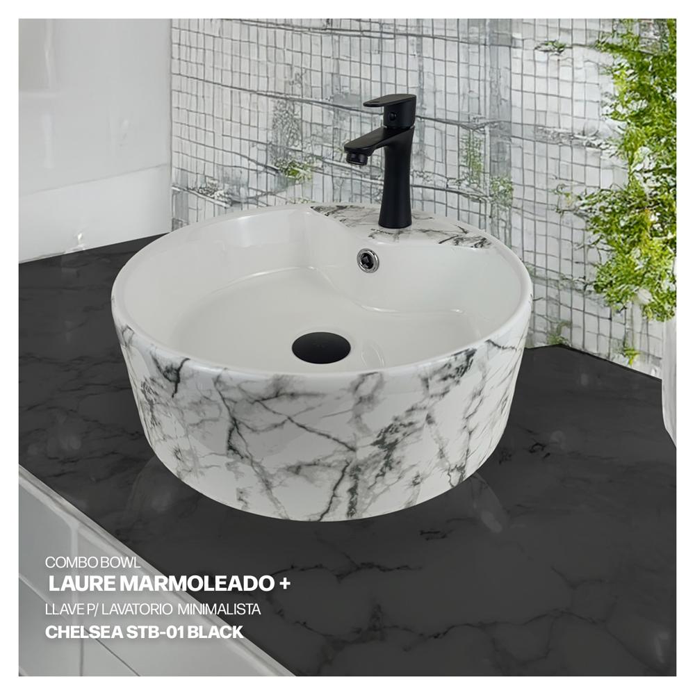 Combo Bowl Laure Marmo + Llave P/Lavatorio ChelseaSTB-01 + Desagüe Pop Up Negro P/Bowl Stone