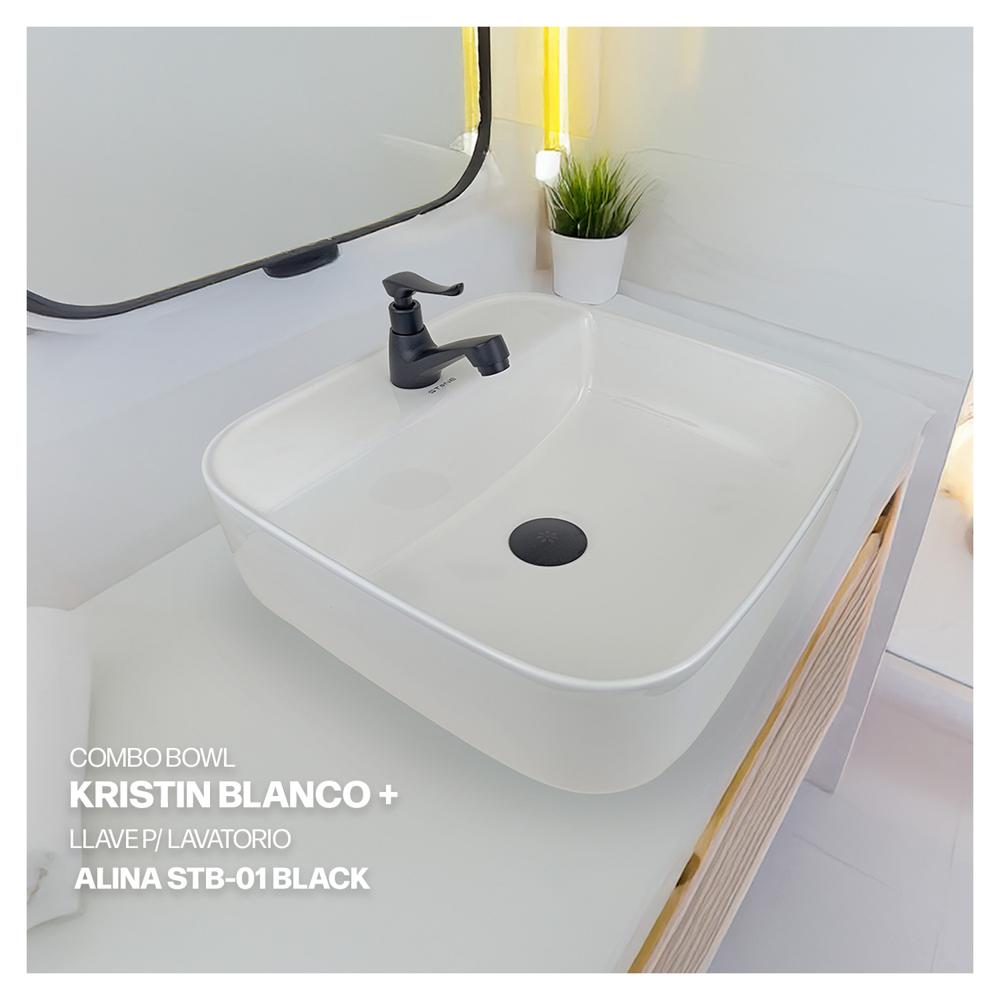 Combo Bowl Kristin + Llave P/Lavatorio Alina STB-01 Stone + Desagüe Pop Up Negro P/Bowl Stone