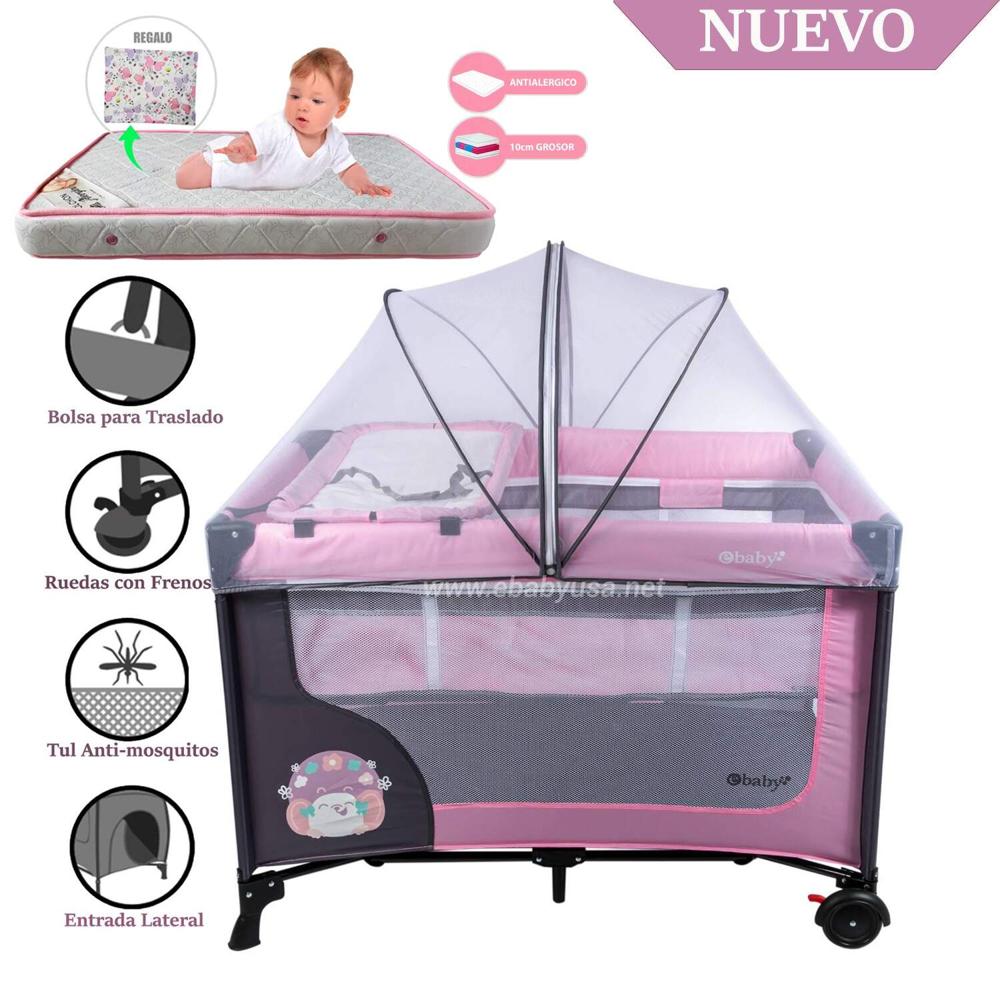Cuna Corral Ebaby con Cambiador Happy Dream Rosado-Colchón