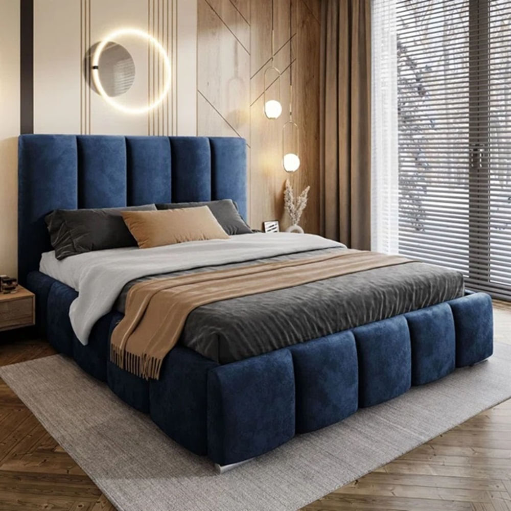 Cama Box Tarima + Cabecera Liza Azul  Queen Decora