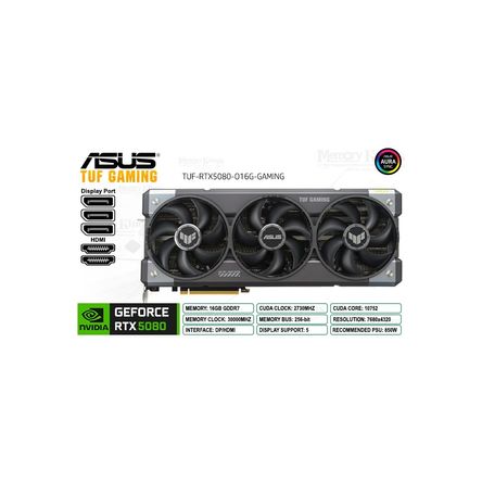 Asus Tuf Geforce Rtx 5080, 16Gb Gddr7, 256 Bit, Tarjeta Gráfica De Alto Rendimiento TUF-RTX5080-O16G-GAMING