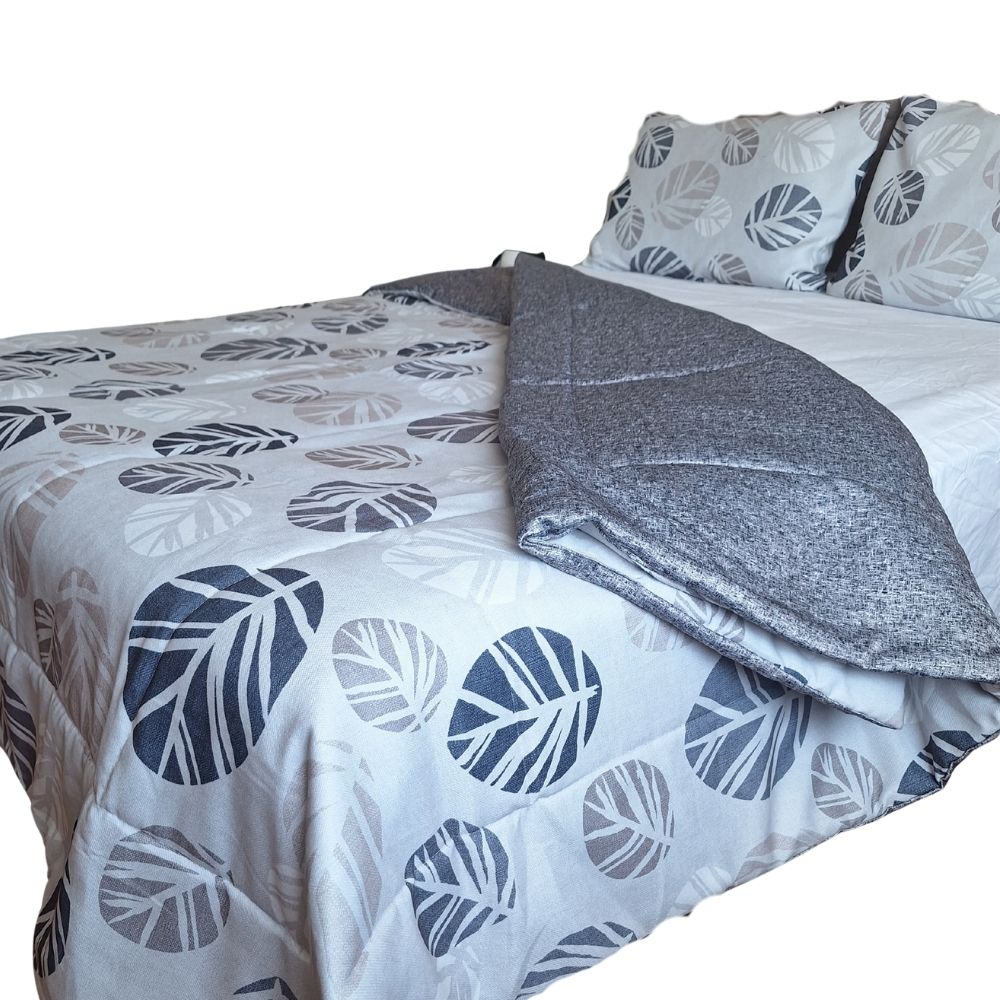 Set Edredón Lujo Hojas Gris 2 Plazas Reversible + Set de Sábanas