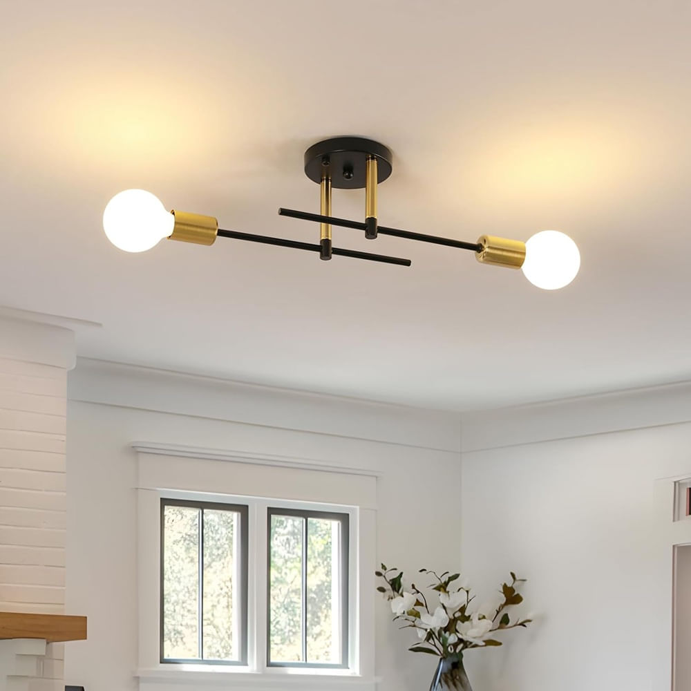 Lampara Colgante Araña Negro y Dorado 2 Luces Sin Focos