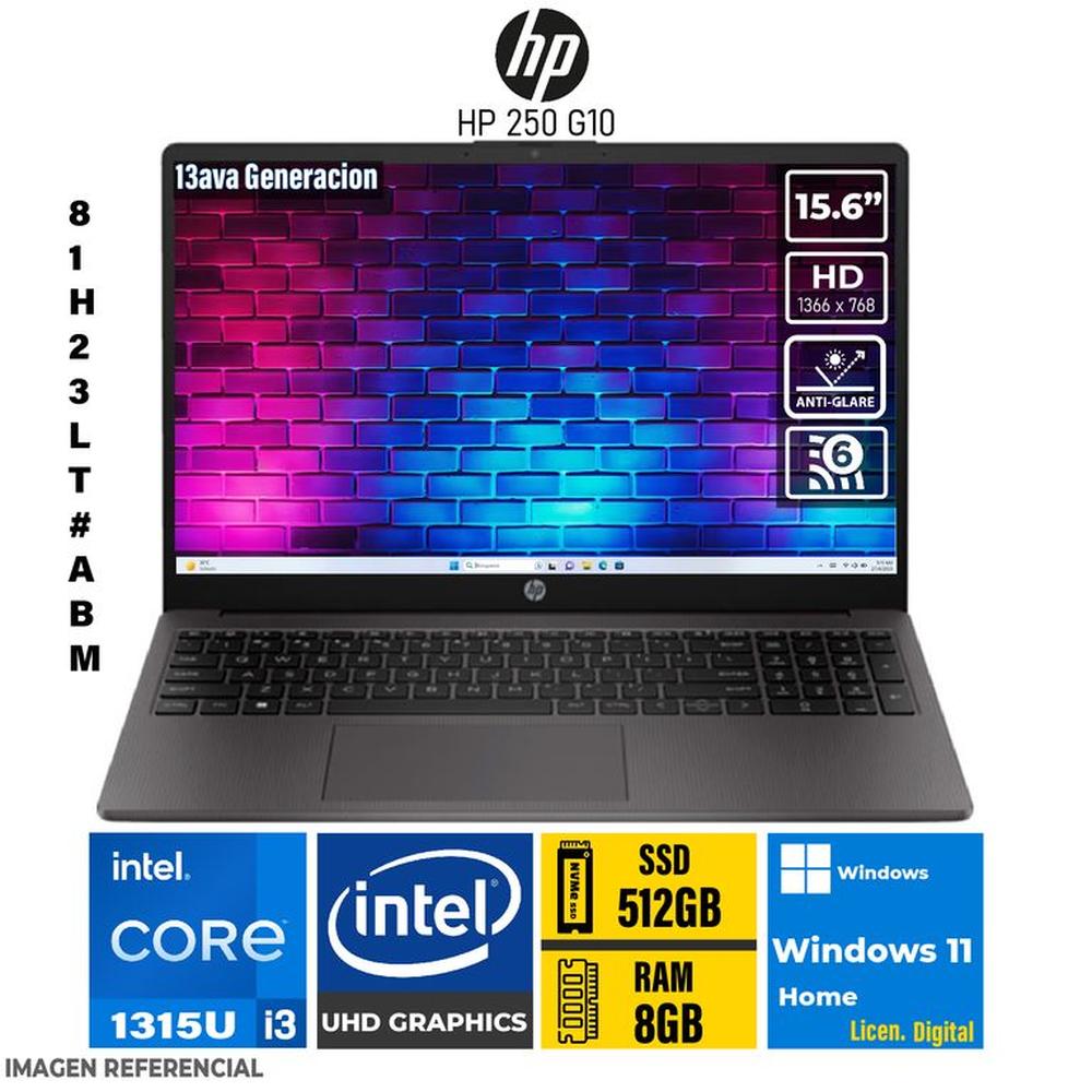 LAPTOP HP 250 G10 Intel Core i3-1315U Pantalla 15.6"" HD RAM 8GB SSD 512GB -81H23LT#ABM