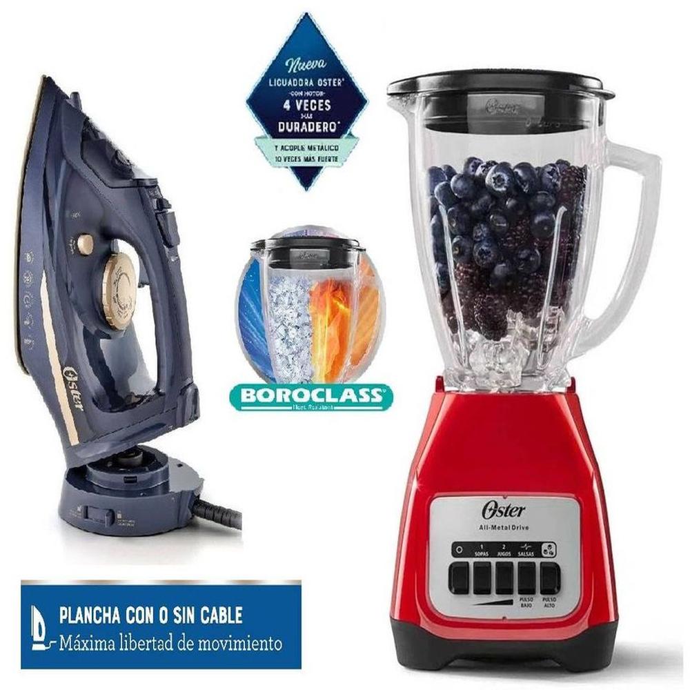 ComboLicuadora Oster 2 Velocidades Rojo y Plancha de vapor 2 en 1