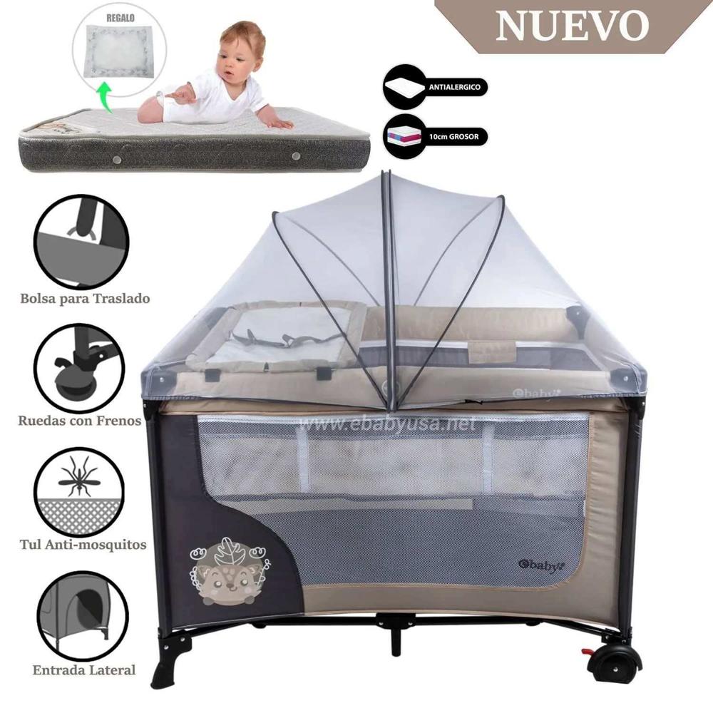 Cuna Corral Ebaby con Cambiador Happy Dream Beige -Colchón