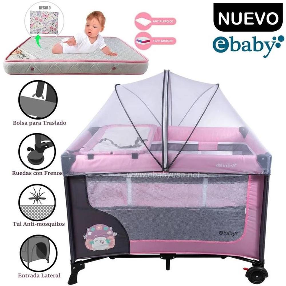 Cuna Corral Ebaby con Cambiador + Colchon Rosado