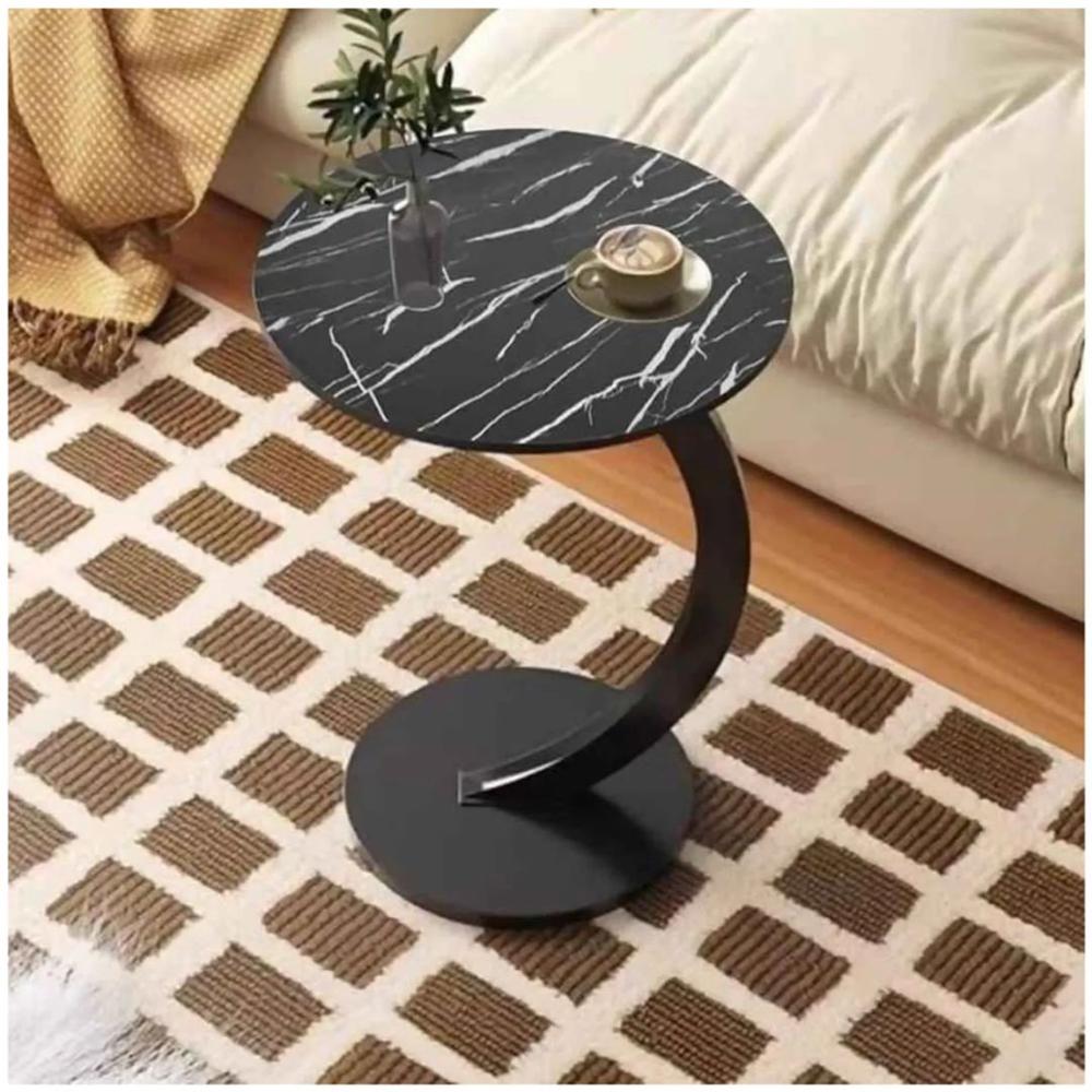 Mesa Auxiliar Circular Moderna en Forma de C Negro Marmoleado