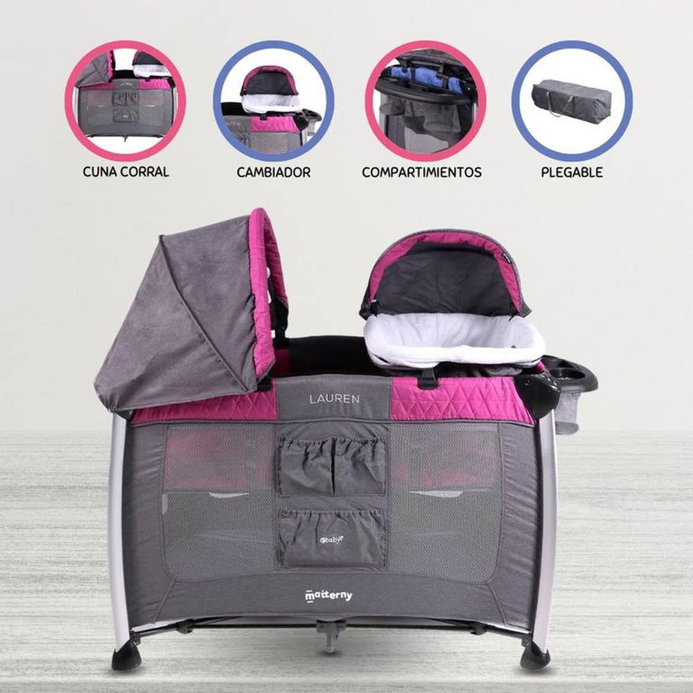 Cuna Corral Ebaby Lauren 730 con Luz y Sonido Rosado