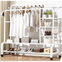 Colgador Perchero de Metal con Ruedas con Doble Barra y 6 Repisas 160x110x55cm Blanco