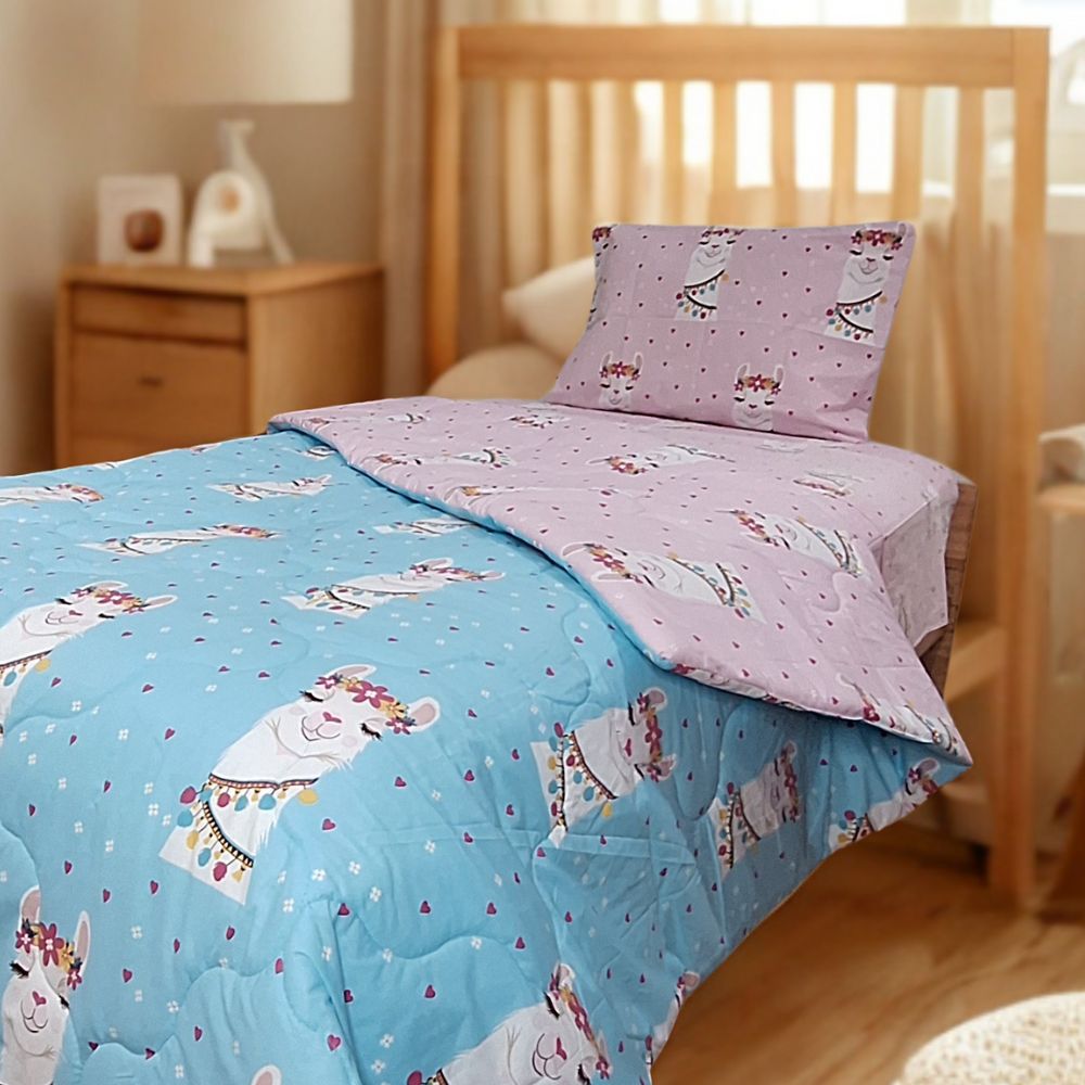 Set Edredón Lujo Celeste Corazones 1.5 plazas Reversible + Set de Sábanas