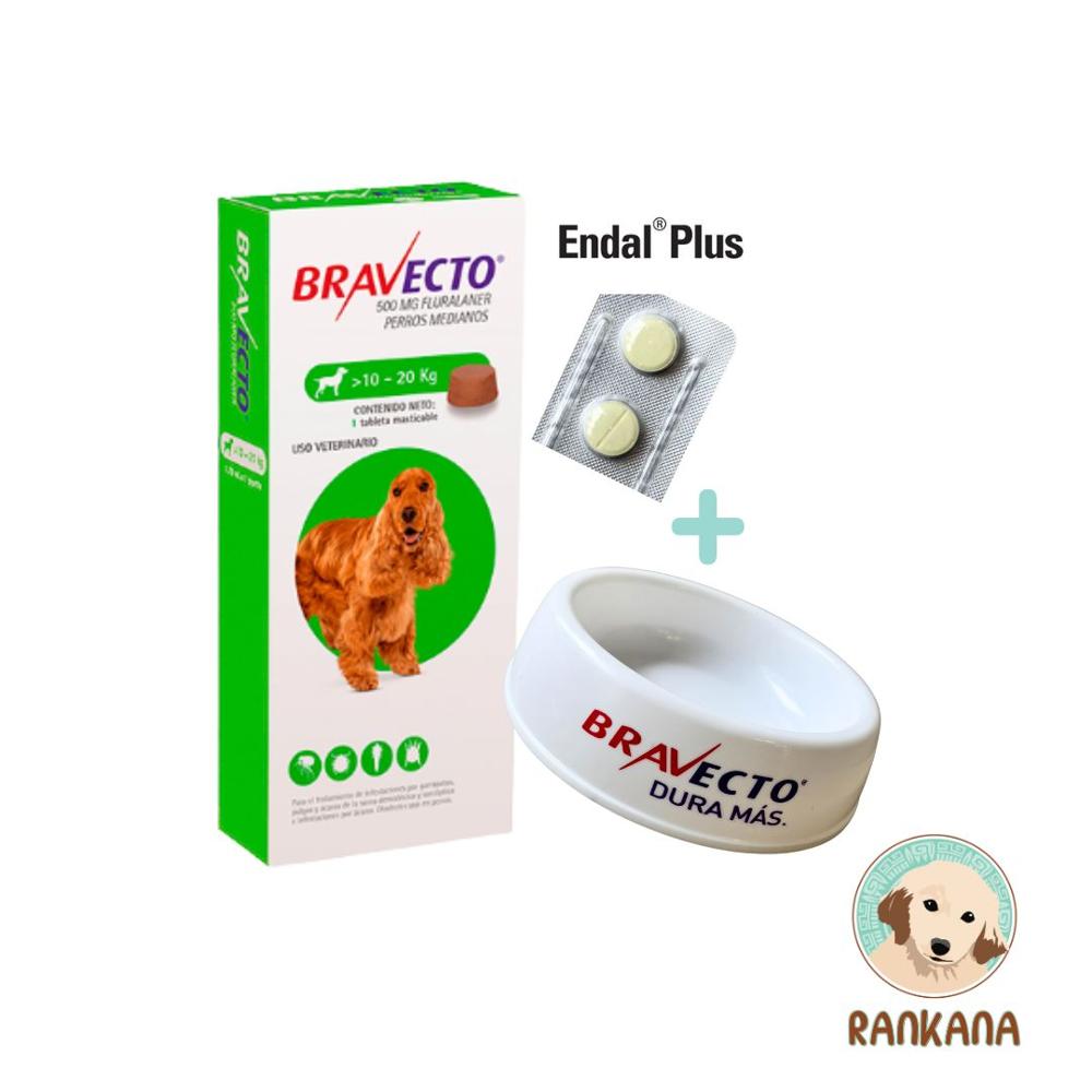 PACKAntipulgas Bravecto para Perros de 10 a 20 Kg + 2 Tabletas* de Endal Plus + 1 Plato Bravecto