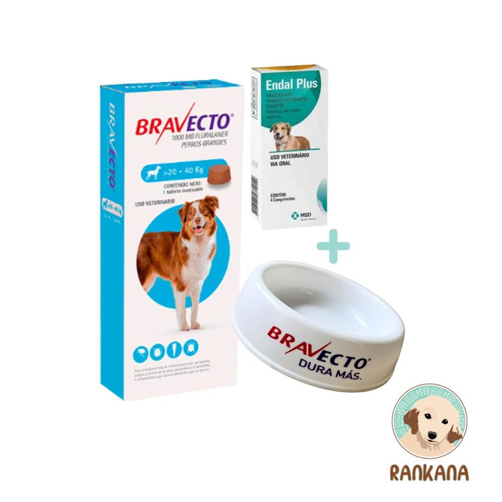 PACKAntipulgas Bravecto para Perros de 20 a 40 Kg + 4  Tabletas* de Endal Plus + 1 Plato Bravecto