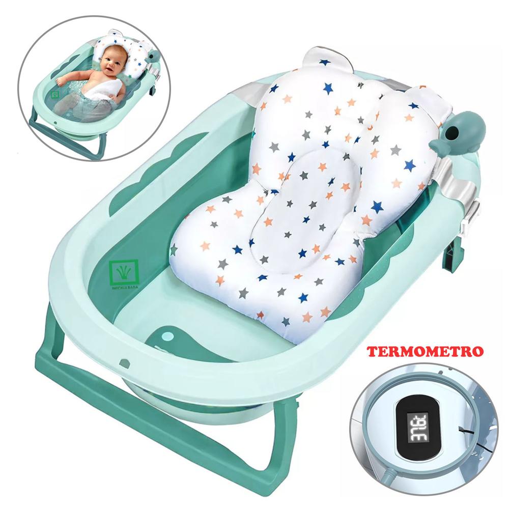 Bañera Tina de Baño Plegable Ballenita Con Termómetro Verde