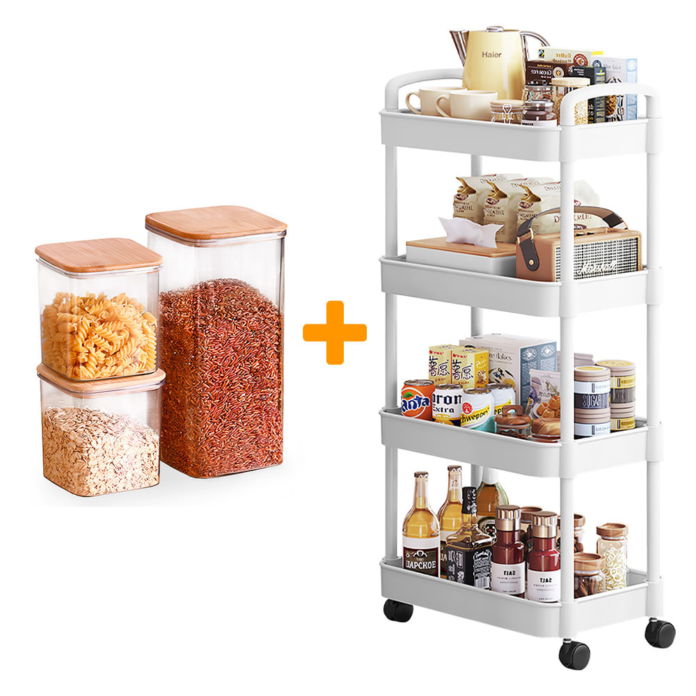 Carrito Organizador 4 Niveles JK4 Y Set de 3 Frascos Herméticos C84