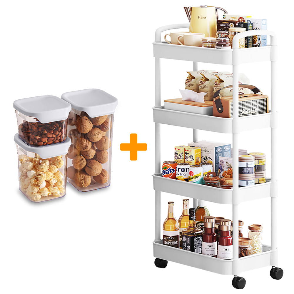 Carrito Organizador 4 Niveles JK4 Y Set de 3 Frascos Herméticos H10