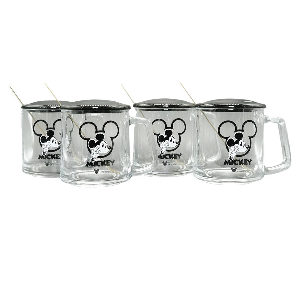 Tazas Mickey Mouse Vidrio Colección Disney C/tapa y Cucharita 335 ml 4pzas