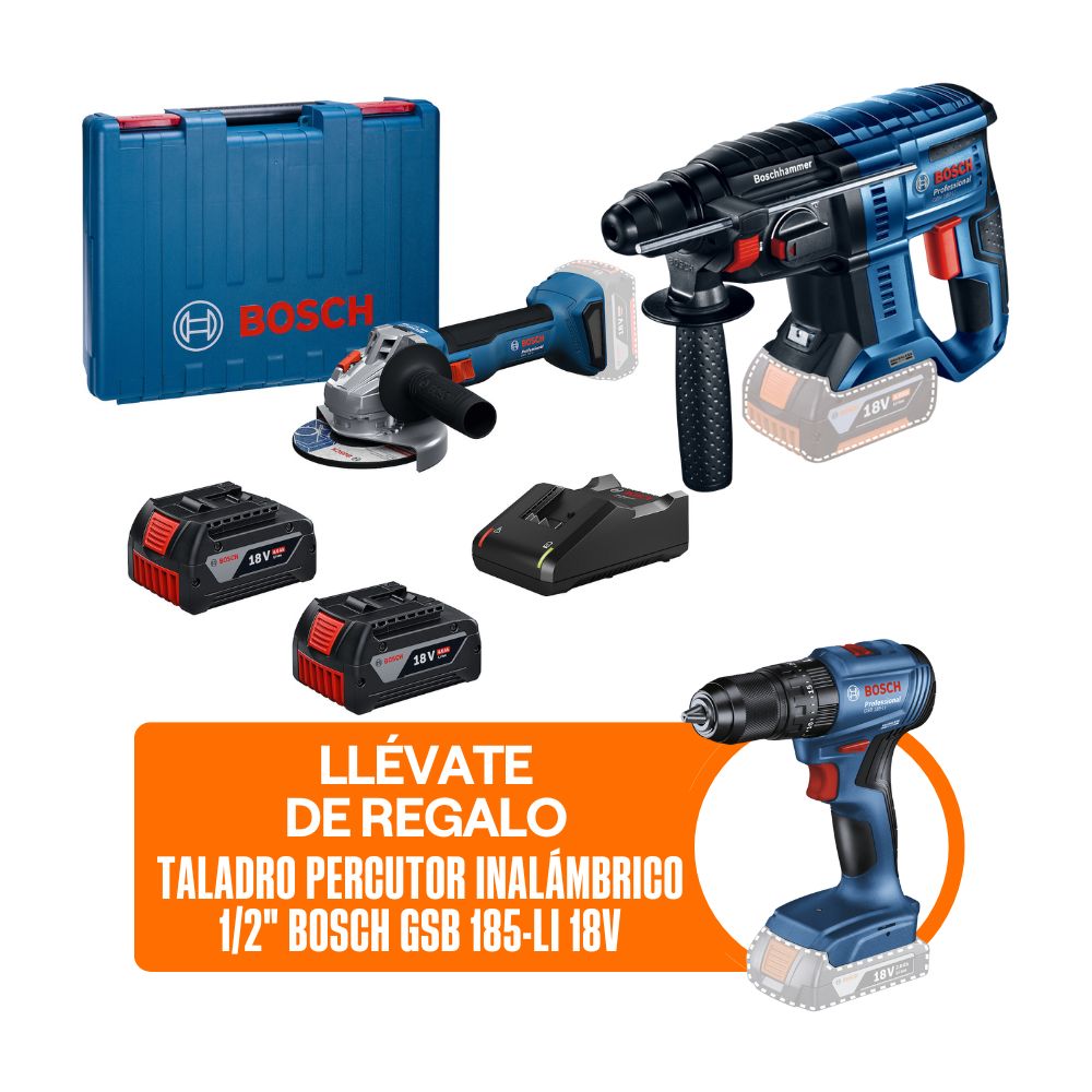 COMBO Bosch Inalámbrico: Amoladora Gws 18v + Rotomartillo Gbh 180 + Taladro Percutor Gsb 185-li + Cargador GAL 18V-20 + 2 Baterías 18V 4Ah + Maletín