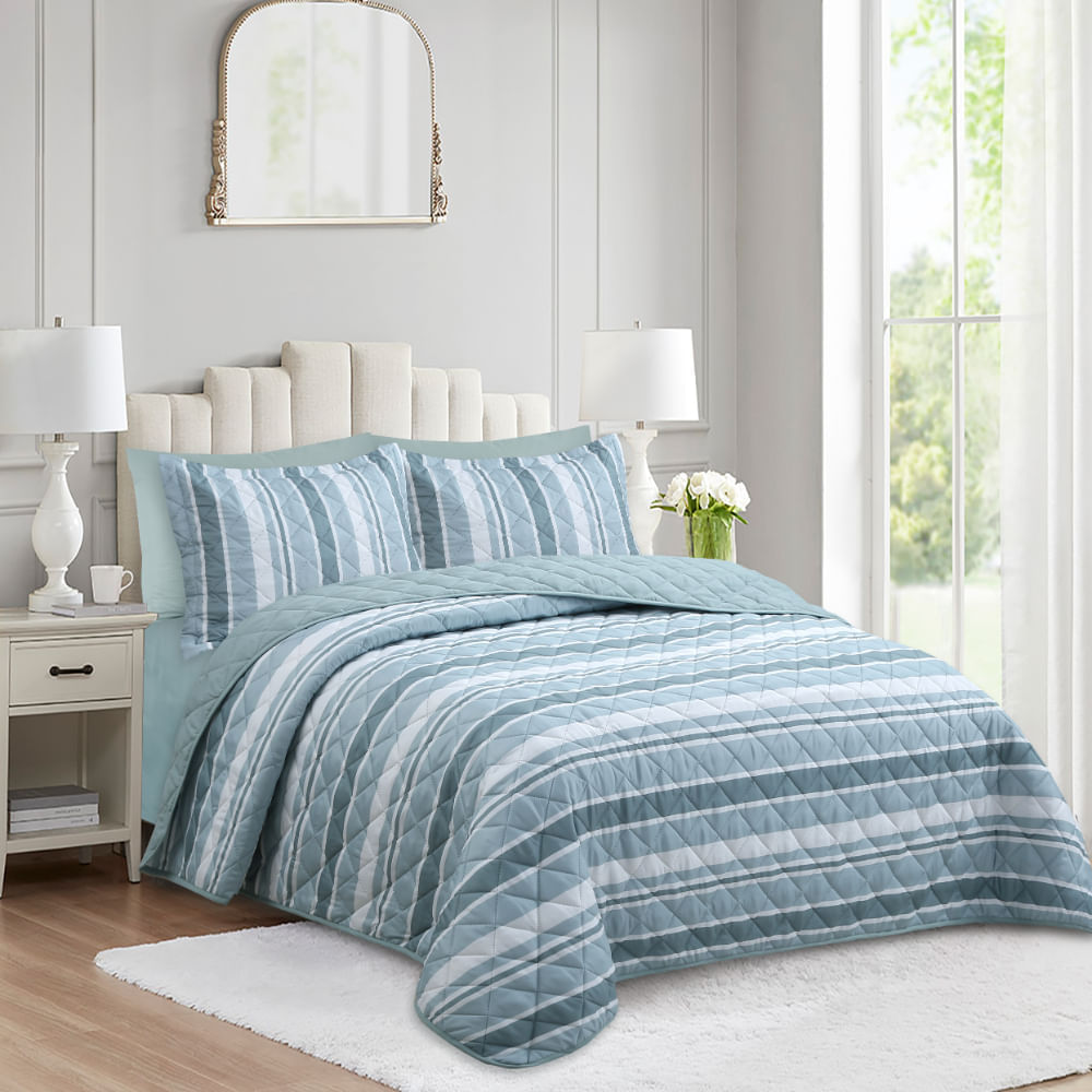 Set Cubrecama Pv26 Micro Print Rayas Verde