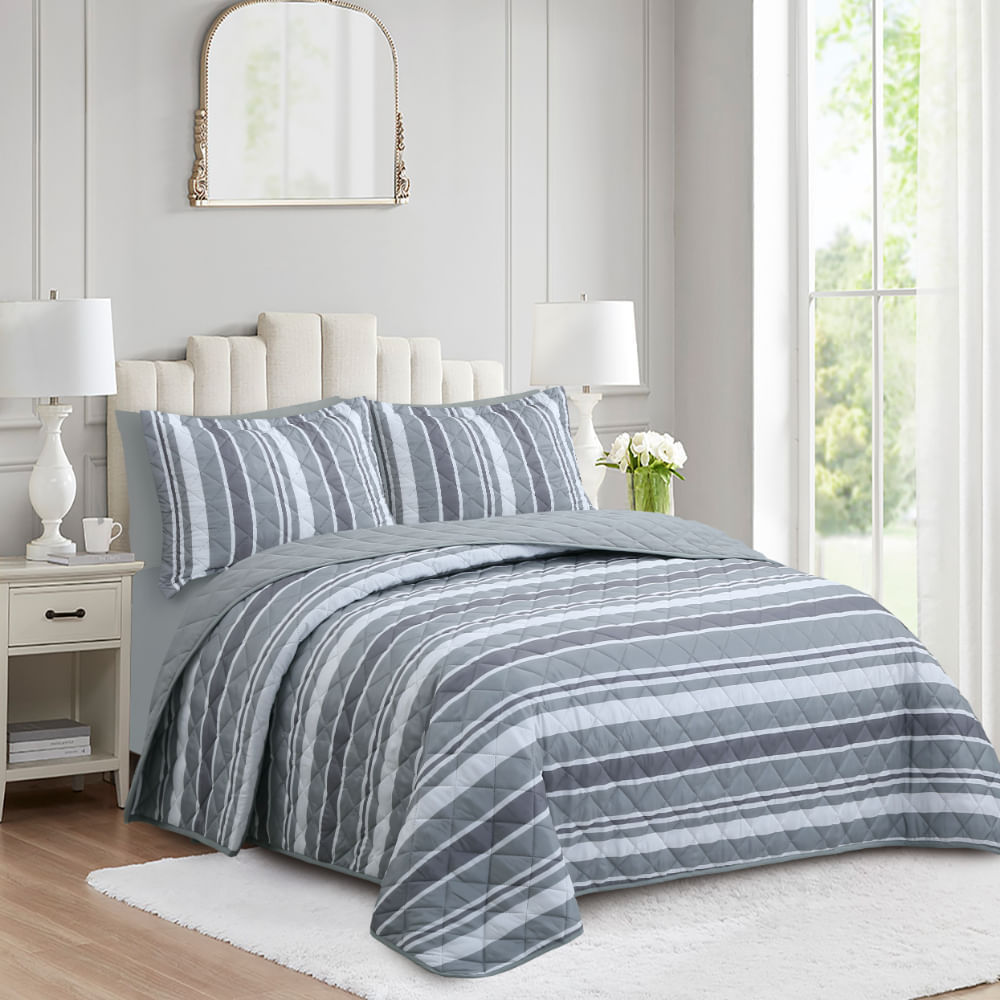 Set Cubrecama Pv26 Micro Print Rayas Gris