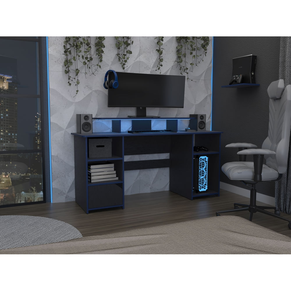 Escritorio Gamer Keria 1 Puerta - Wengue/Azul